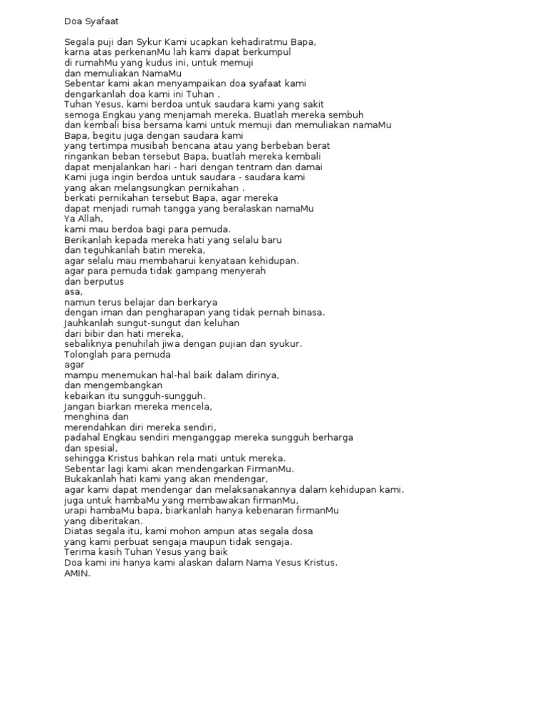 Contoh Doa Syafaat Ibadah Kolom - Kumpulan Doa