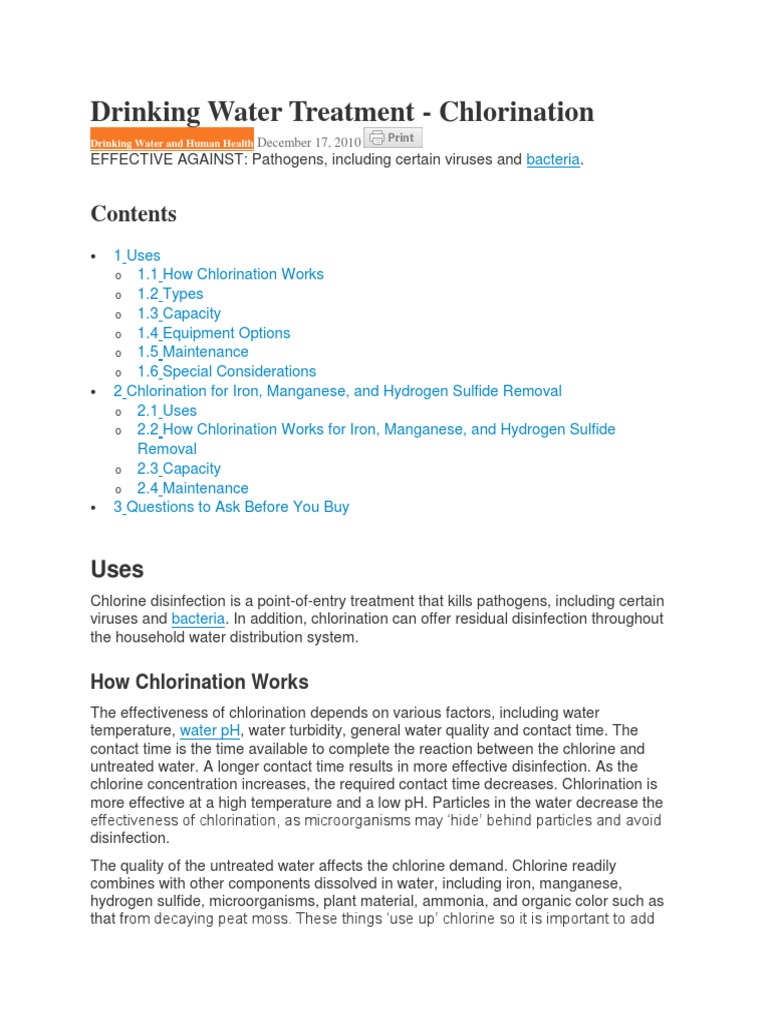 Chlorination in Drinking Water Treatment | PDF | Water Purification ...