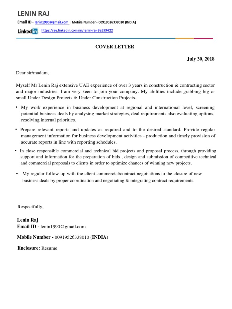 Lenin Raj: Cover Letter July 30, 2018 | PDF | United Arab Emirates | Dubai