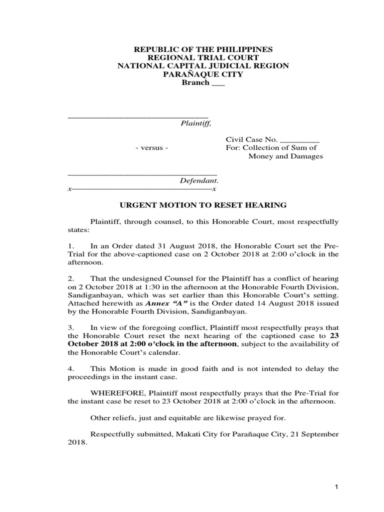 Motion To Reset Hearing PDF