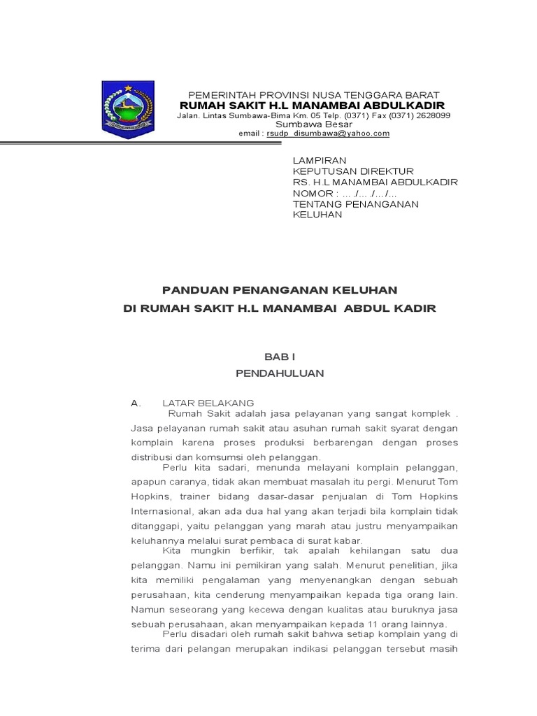 Panduan Penanganan Keluhan Di Rumah Sakit H.L Manambai 