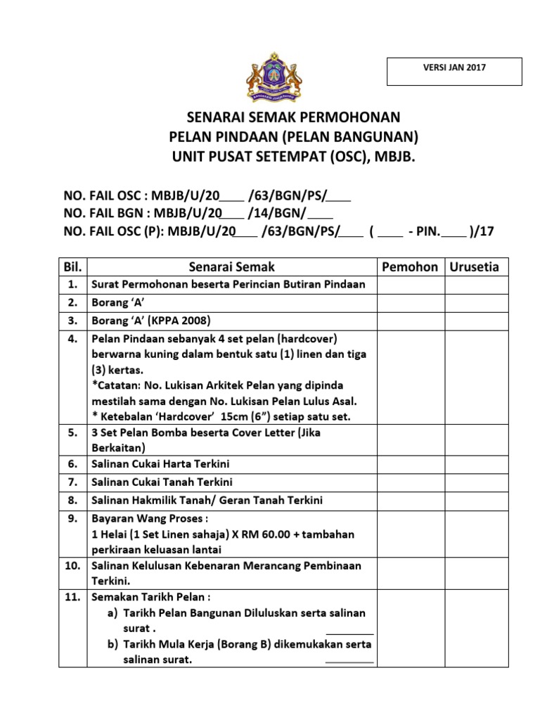 Senarai Semak Permohonan Pelan Pindaan Pelan Bangunan Mbjb Pdf