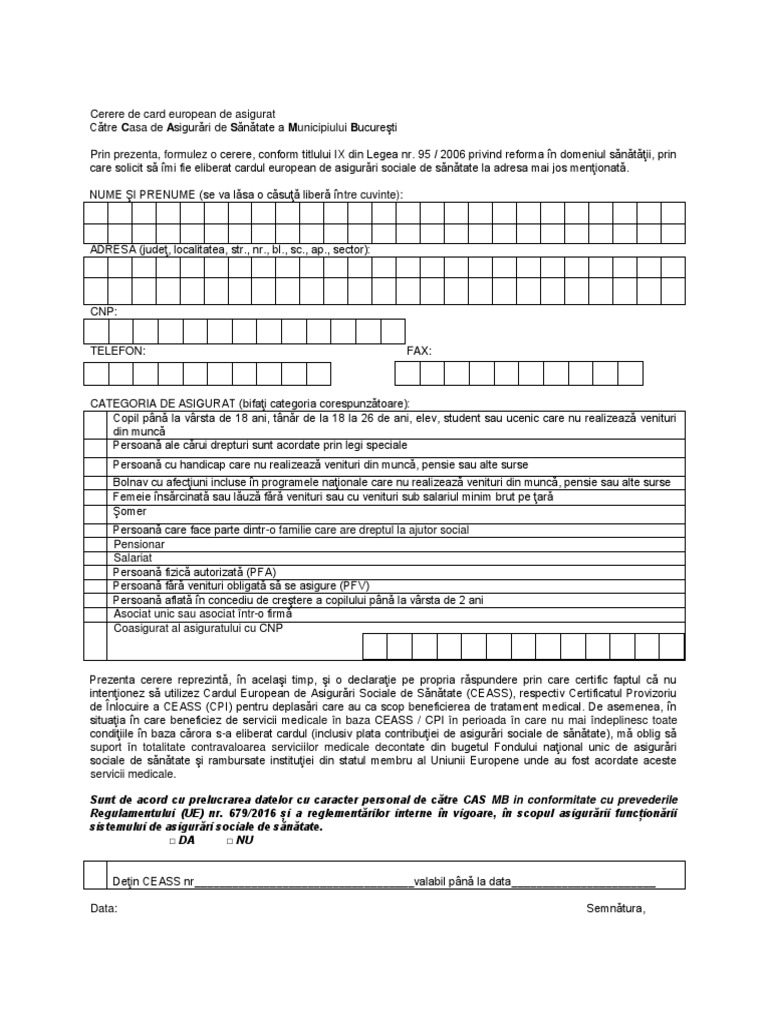 Cerere de Card European de Asigurat | PDF