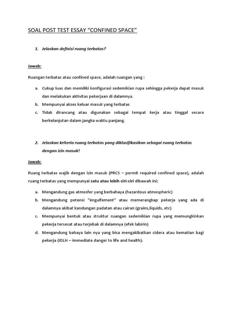 Soal Post Test Essay Confined Space 2020 Soal Post Test Essay Confined Space 2020