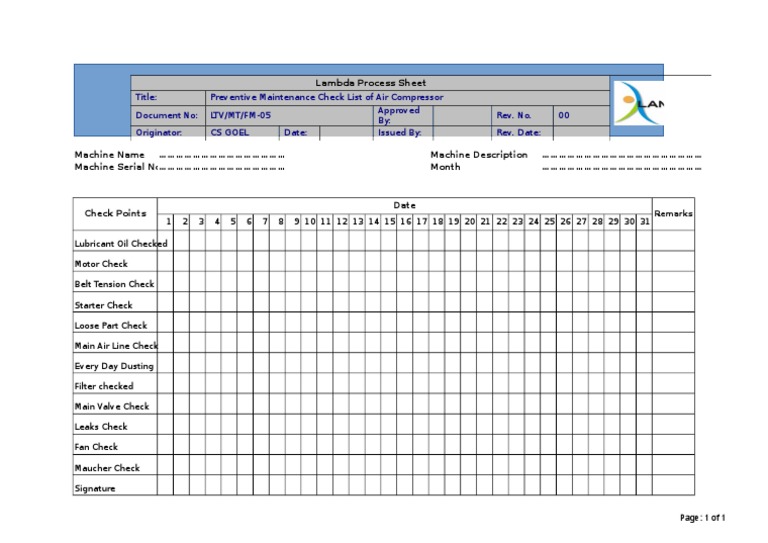 FORMET Preventive Maintenance Check List of Air Compressor PDF