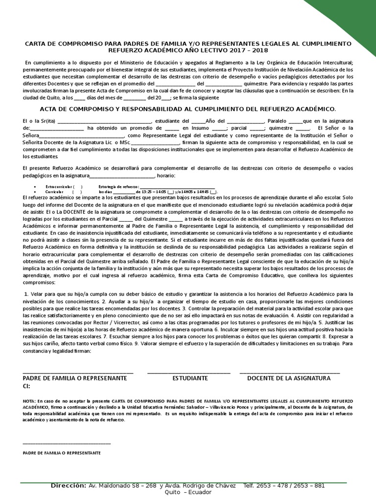Carta de Compromiso Para Padres de Familia y | Maestros | Cambio