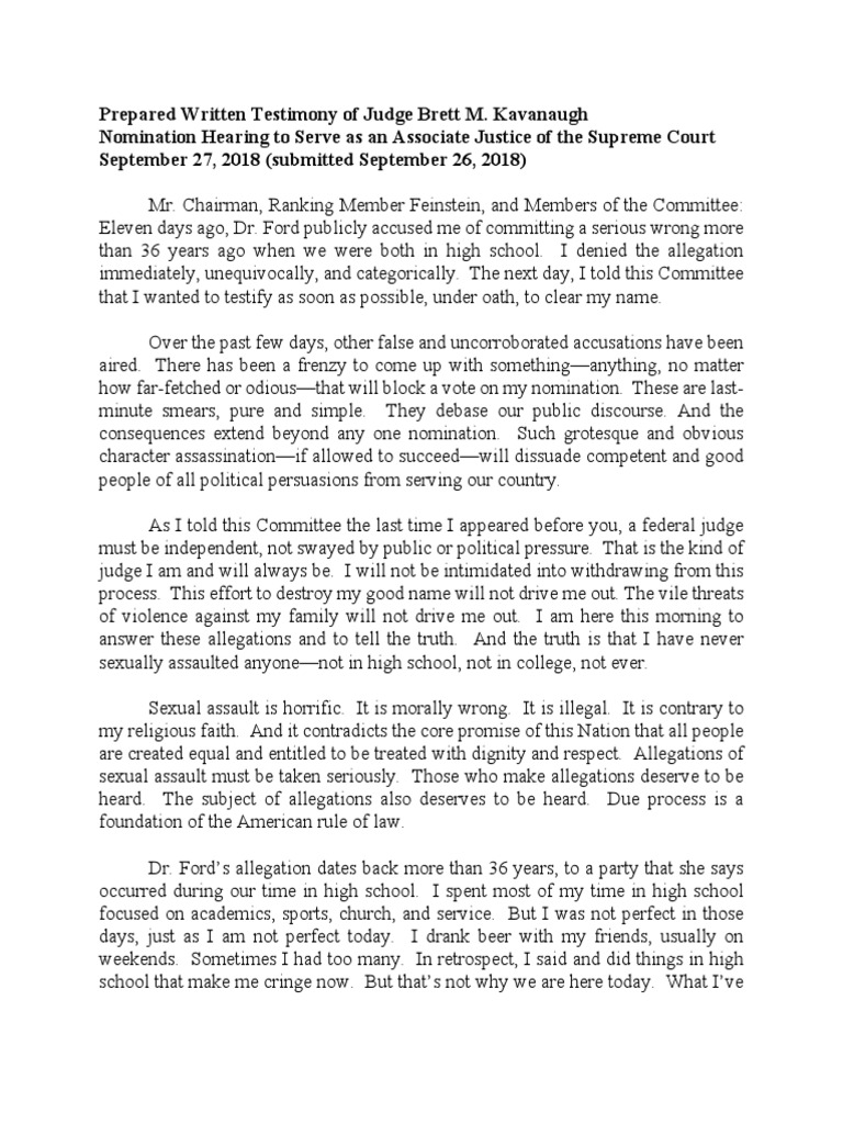 Kavanaugh's Denial of Ford's Allegation | PDF | Testimony | Judge