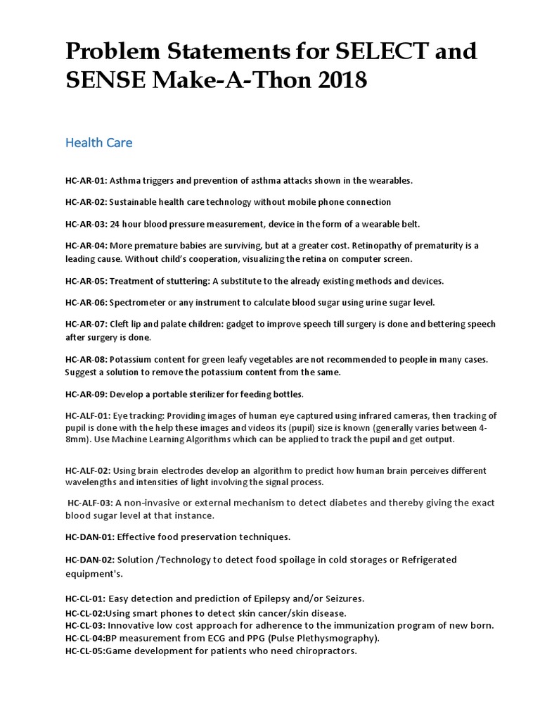Health Care Problem Statements 2018 | PDF | Automation | Engines
