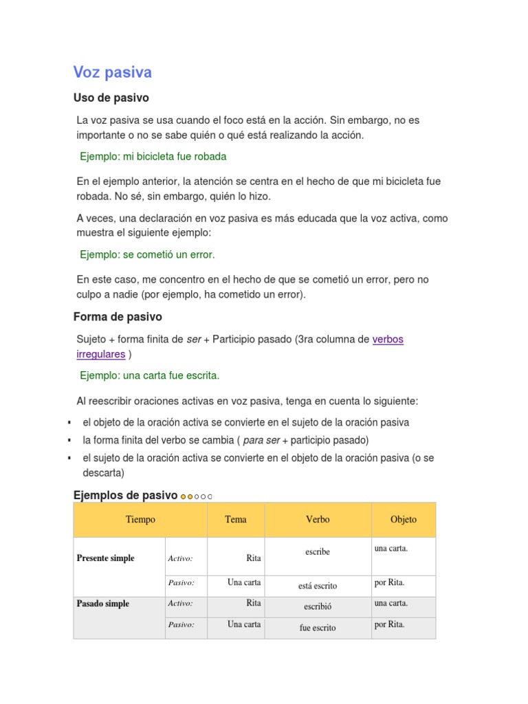 Ejemplos y uso de la voz pasiva | PDF | Asunto (gramática) | Mecánica ...