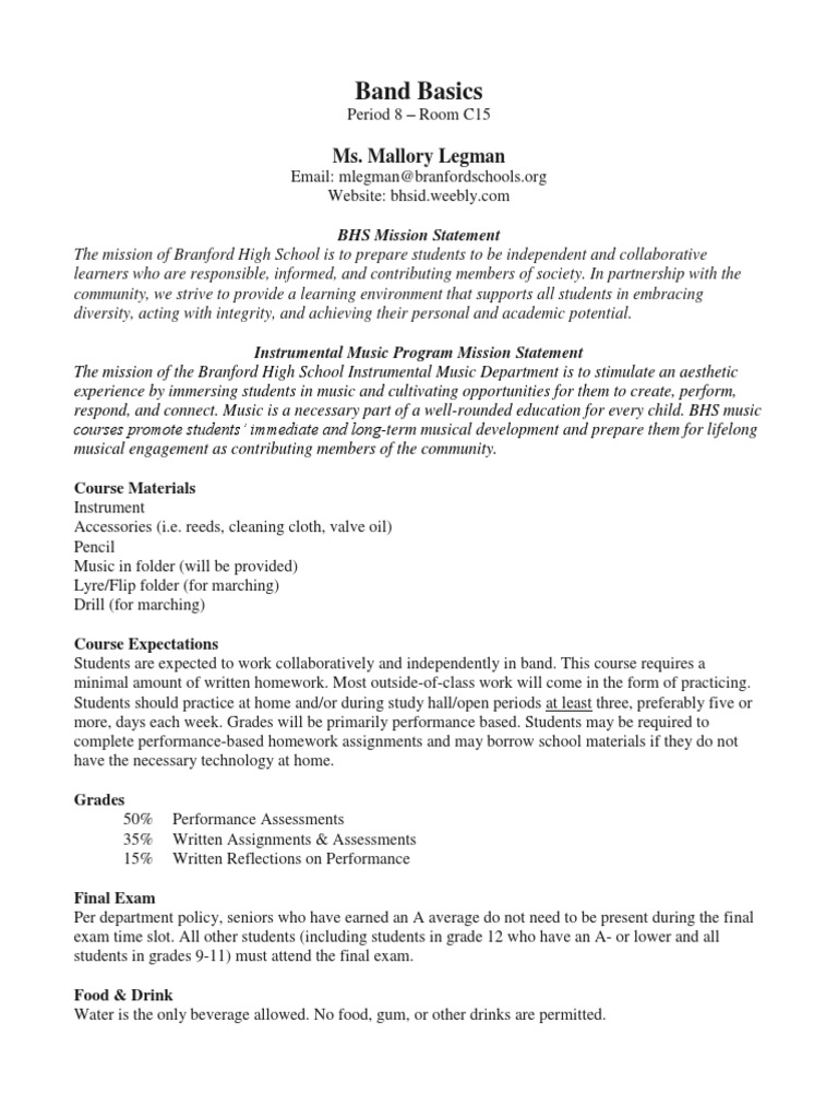 Band Basics Syllabus PDF Homework Behavior Modification