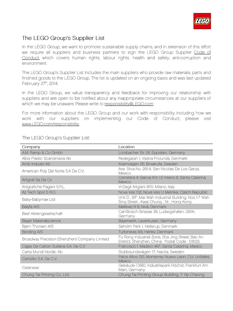 The LEGO Group - Supplier List - 2014 | PDF