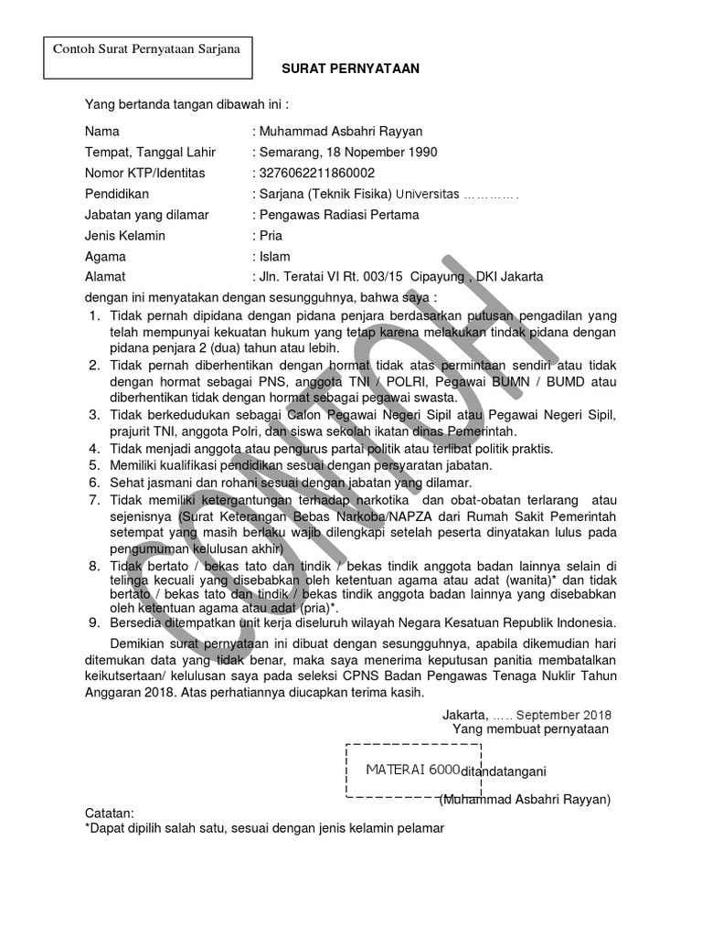 Surat pernyataan cpns 2018 pdf