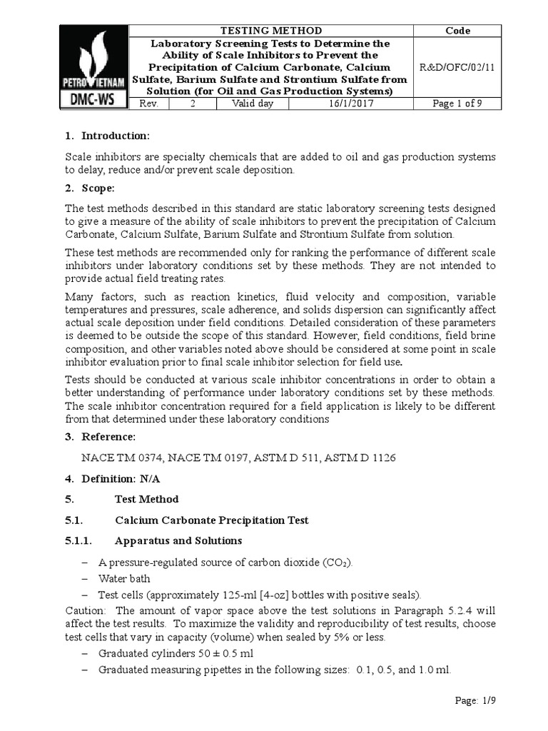 Scale Inhibitor Screening Tests | PDF | Sodium Chloride | Carbon Dioxide