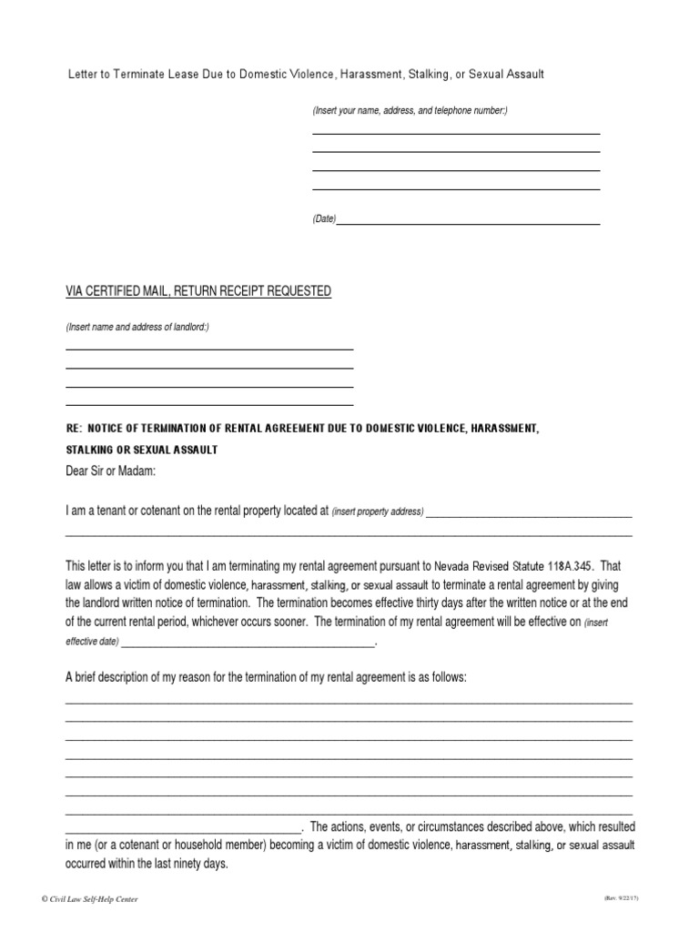 Sample Letter To Terminate Lease For Domestic Violence Fillable | PDF |  Restraining Order | Stalking