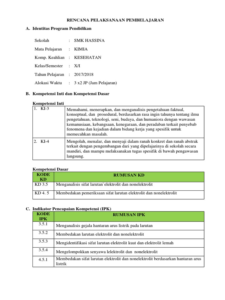 Rpp Kls X Kd 3 5 Larutan Elektrolit Dan Non Elektrolit