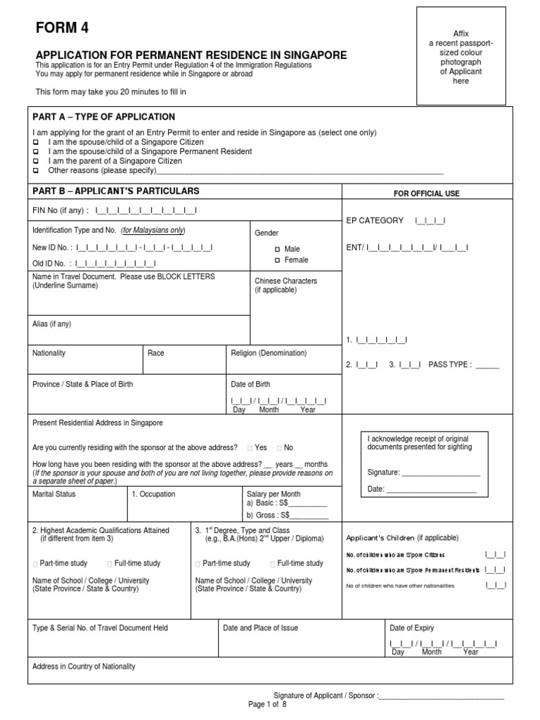 Singapore Permanent Residence Application Form | PDF