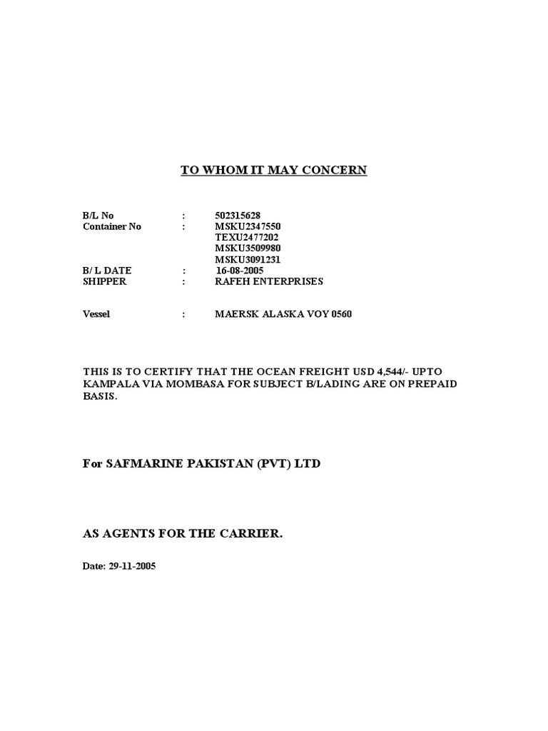 Ocean Freight Certificate PDF Cargo Systems Engineering