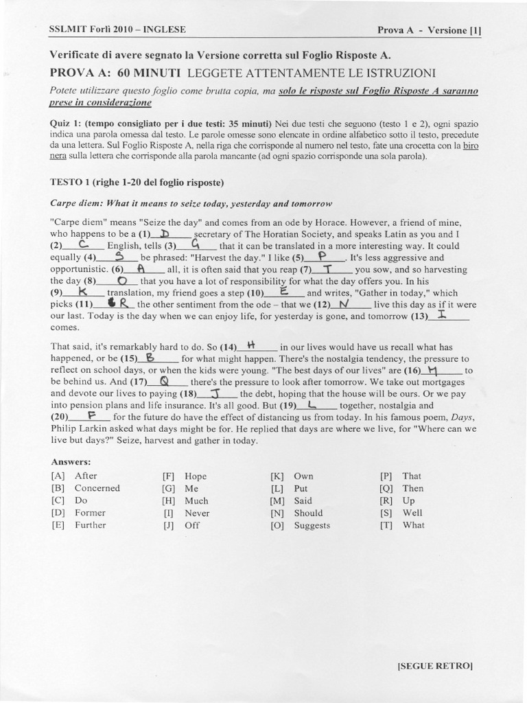 Triennale Test Lingua Inglese