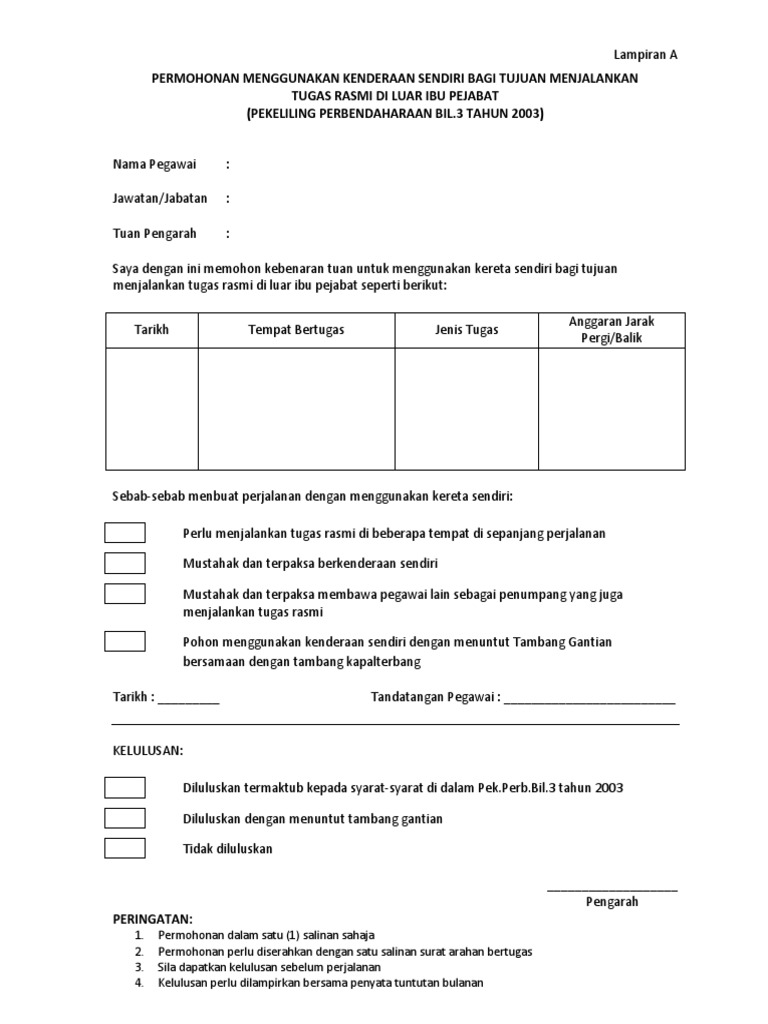 Permohonan Menggunakan Kenderaan Sendiri Pdf