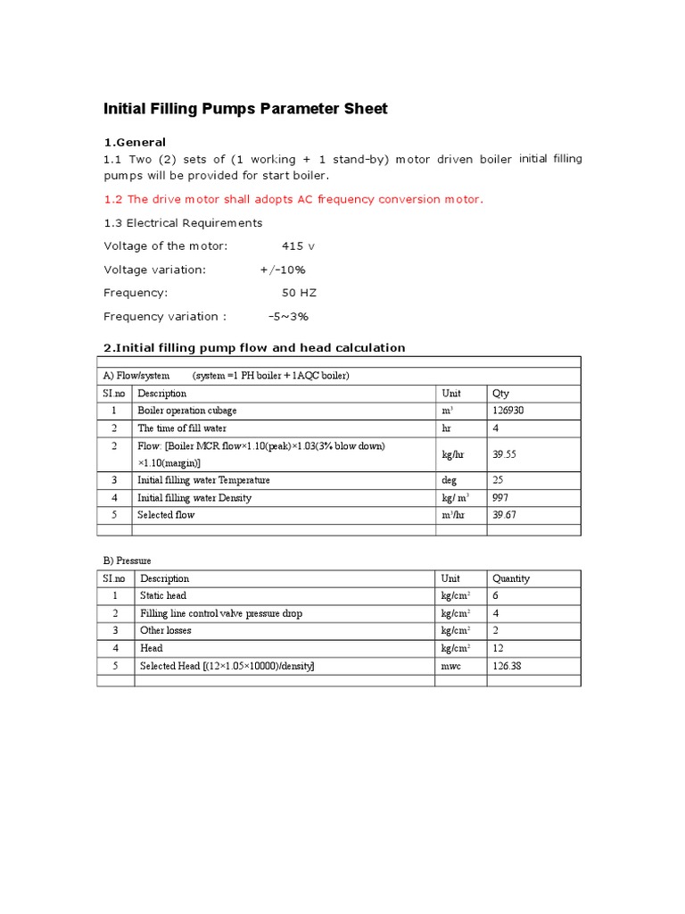Initial Filling Pump Parameters | PDF | Boiler | Pump