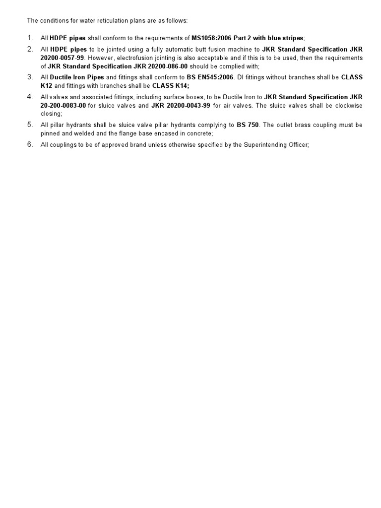 Water Reticulation Plan Specifications | PDF
