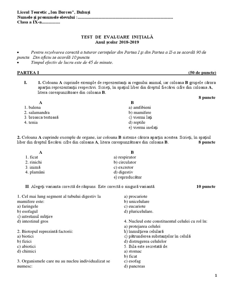 Test Evaluare Initiala Cls A IX-A | PDF
