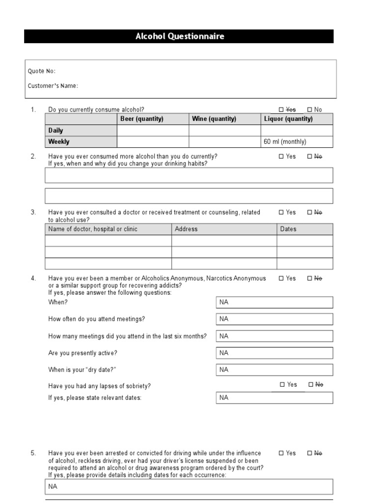 Alcohol Questionnaire PDF Alcoholism Alcohol