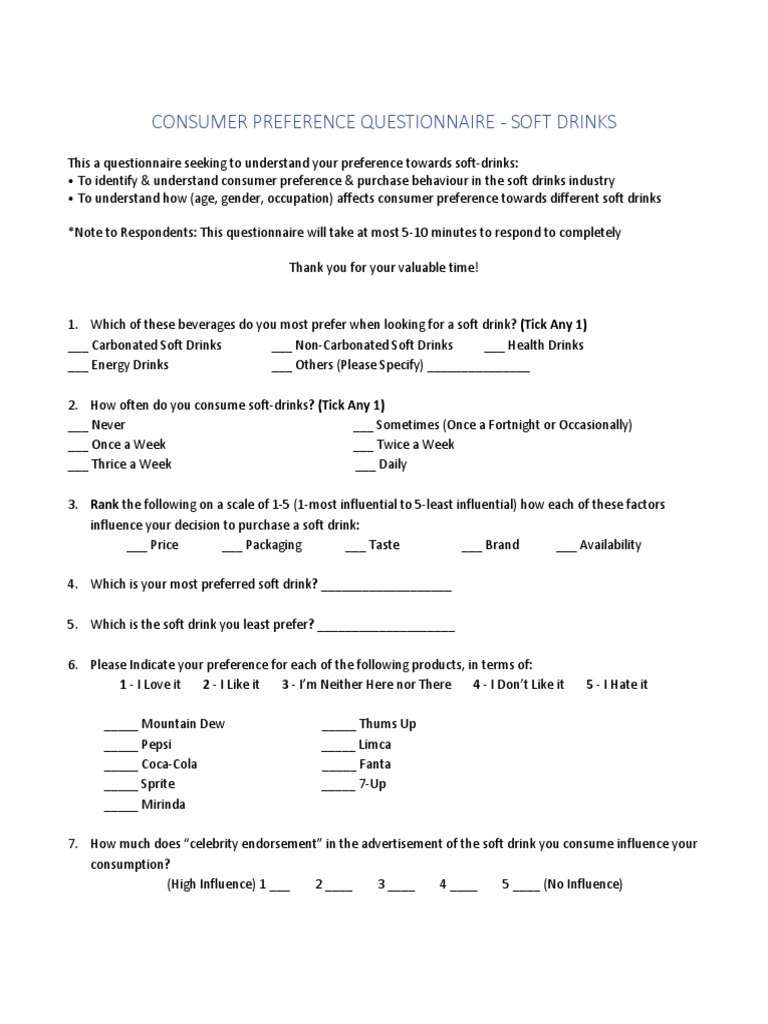 Consumer Preference Questionnaire Soft Drinks PDF Soft Drink