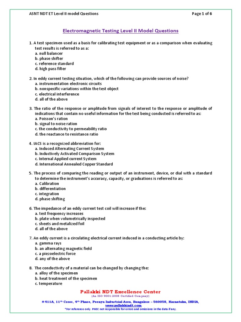 Eddy Current Testing LevelII Questions and Answers PDF Inductor