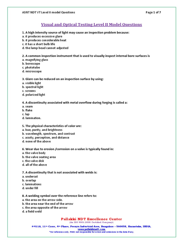 VT Level II Exam Model Questions | PDF | Nondestructive Testing | Welding