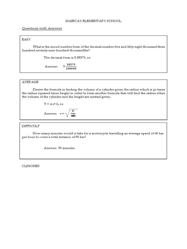 MABICAY Elementary School Math Q&A | PDF