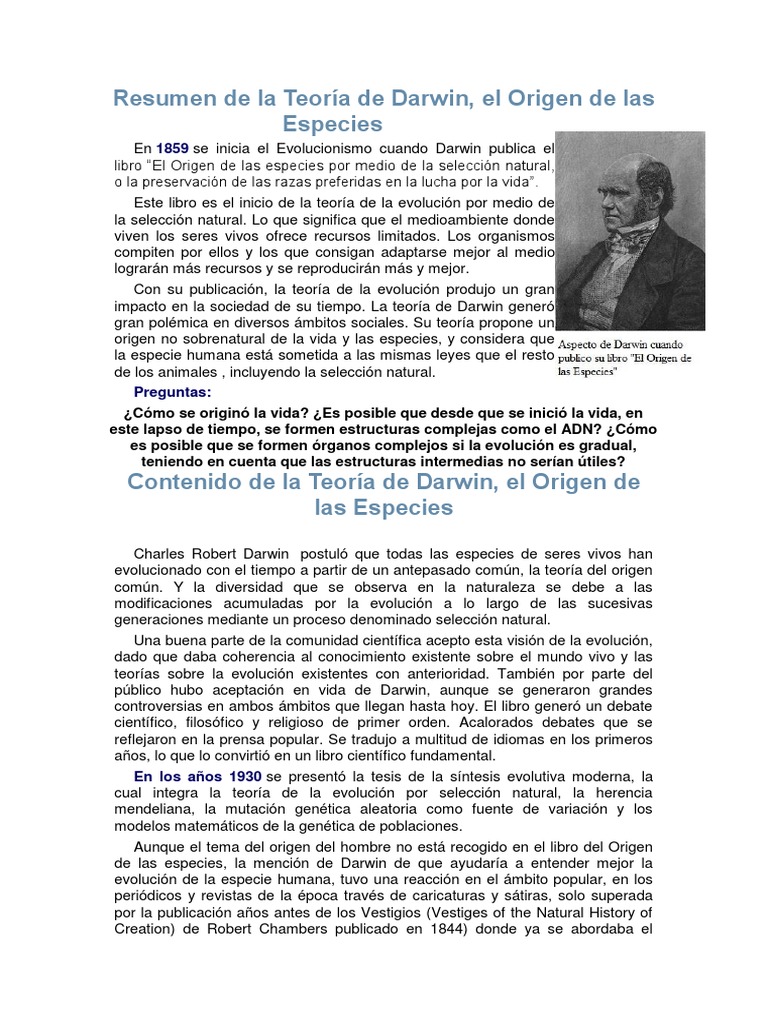 Resumen de la Teoría de Darwin, el Origen de las Especies ...