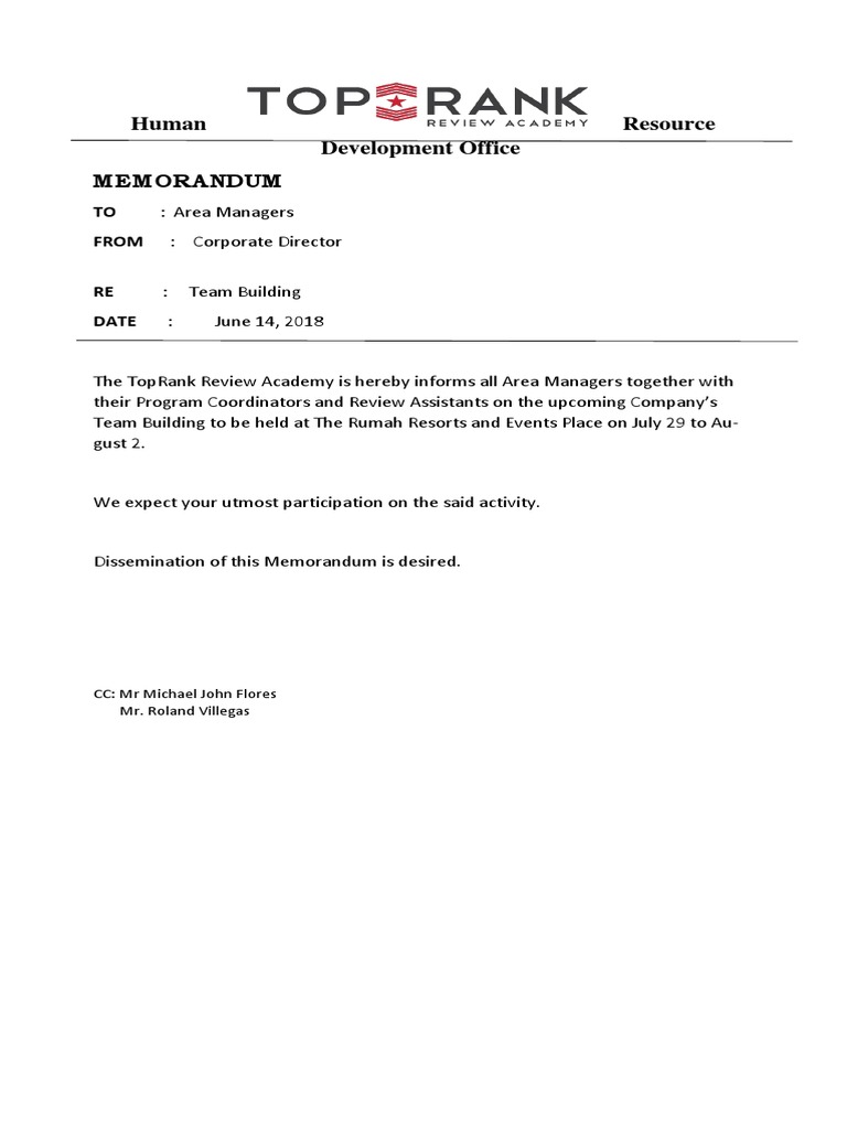 Team Building Memo for Area Managers | PDF