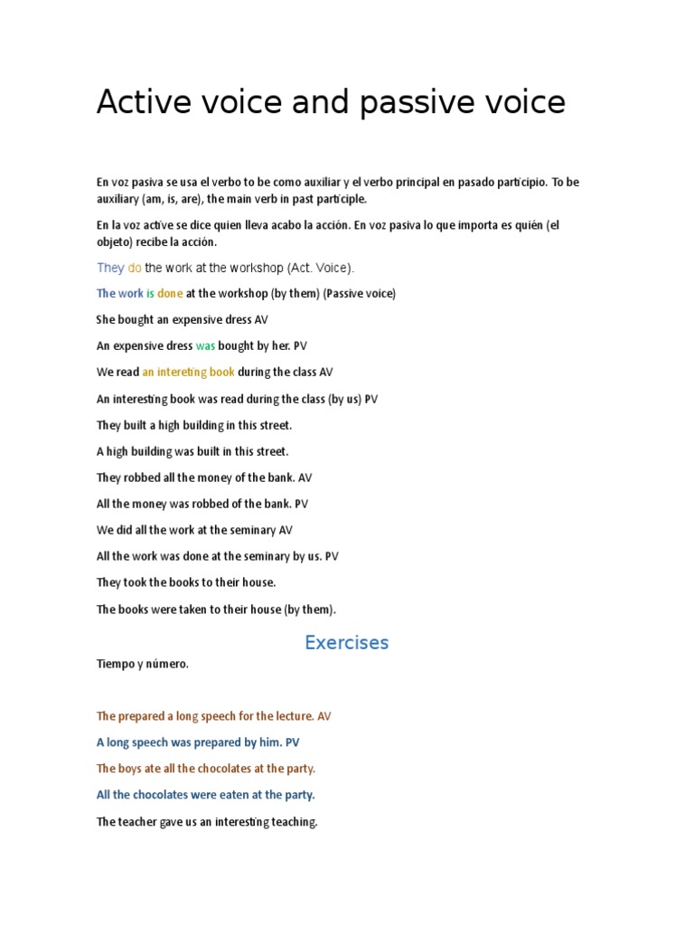 Active Voice and Passive Voice: Exercises | PDF | Language Arts ...