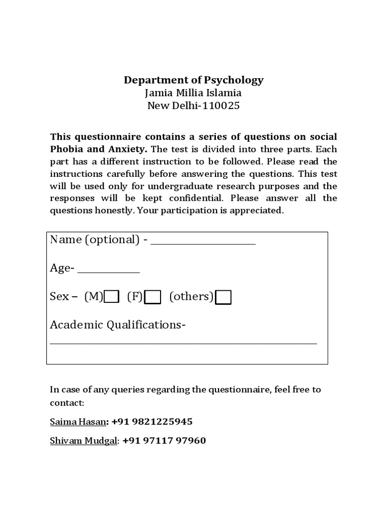 Social Phobia and Anxiety Questionnaire | PDF | Anxiety | Question