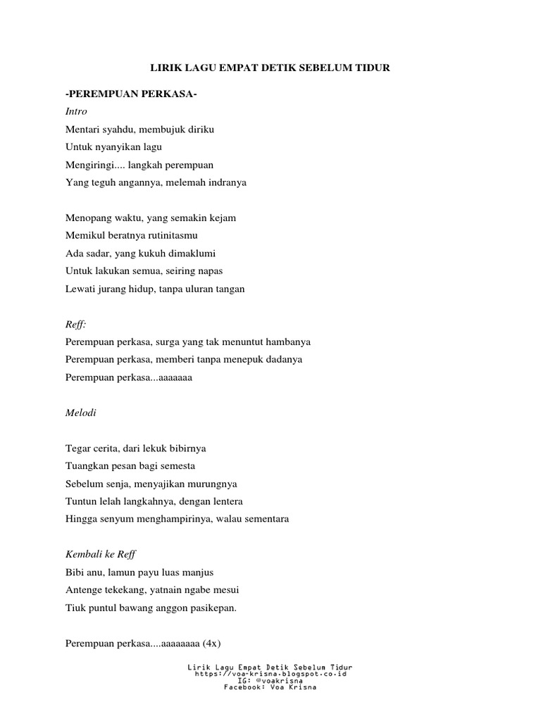 Lirik Lagu Empat Detik Sebelum Tidur