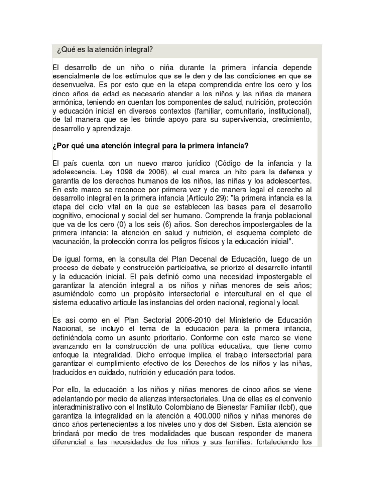 Atención Integral en la Primera Infancia | PDF | Educación de la ...
