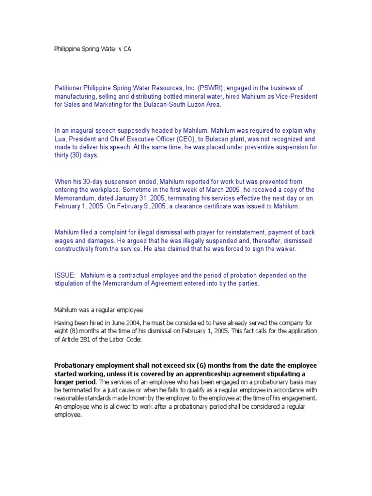 Philippine Spring Water V CA | PDF | Employment | Labour Law