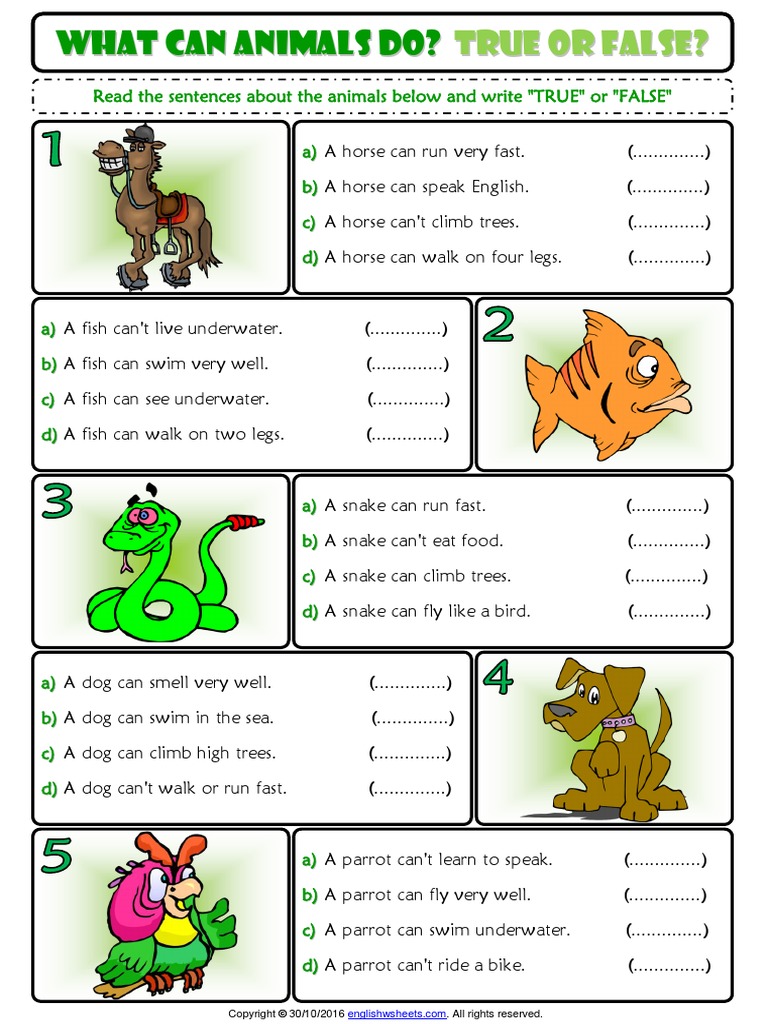 Ability and Inability True or False Esl Exercise Worksheet For Kids PDF ...