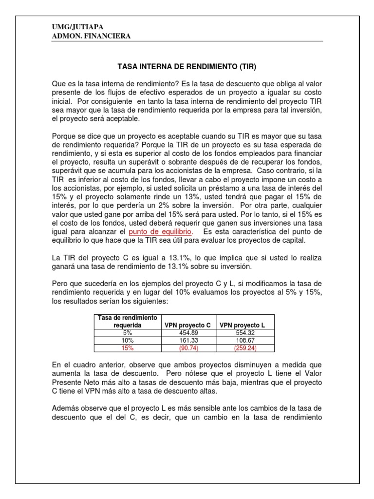 Tasa Interna de Rendimiento (TIR) y Proyectos | PDF | Tasa interna de ...