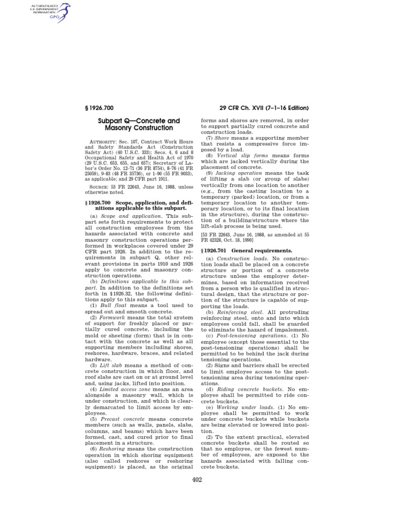 OSHA 1926-Subpart Q | PDF | Concrete | Building Engineering