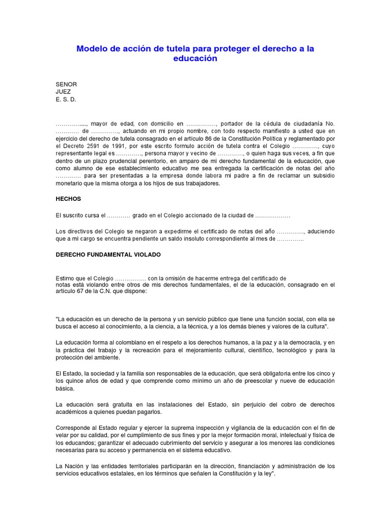 Modelo de tutela por derecho a la educación | PDF | Derecho ...