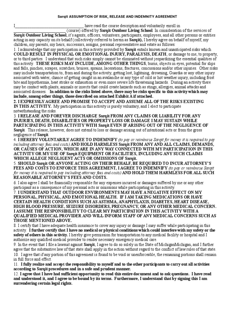 Sarqit Activity Risk Waiver Agreement | PDF | Indemnity | Negligence