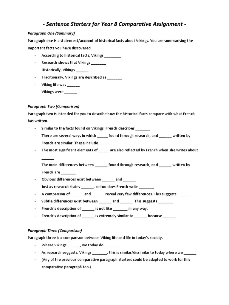 Sentence Starters Comparison Ass PDF