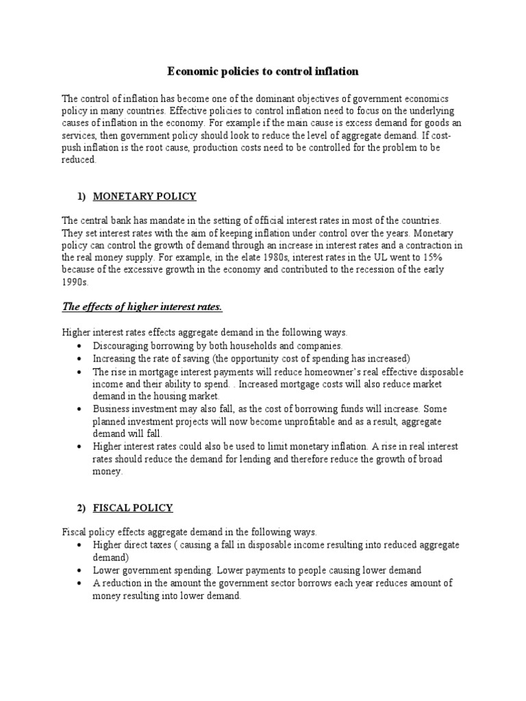 Economic Policies To Control Inflation PDF Inflation Interest