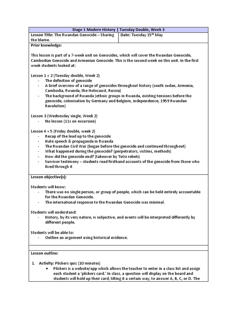Zoe Visit Lesson Plan | PDF | Rwanda | Genocides