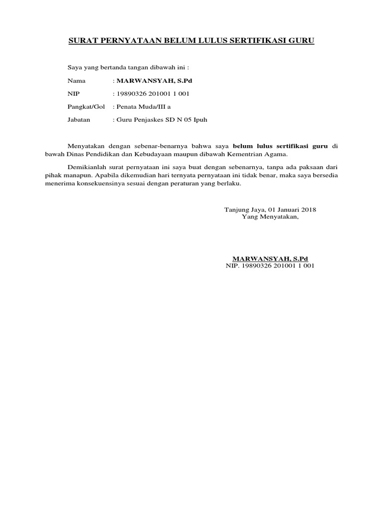 Surat Pernyataan Belum Lulus Sertifikasi Guru