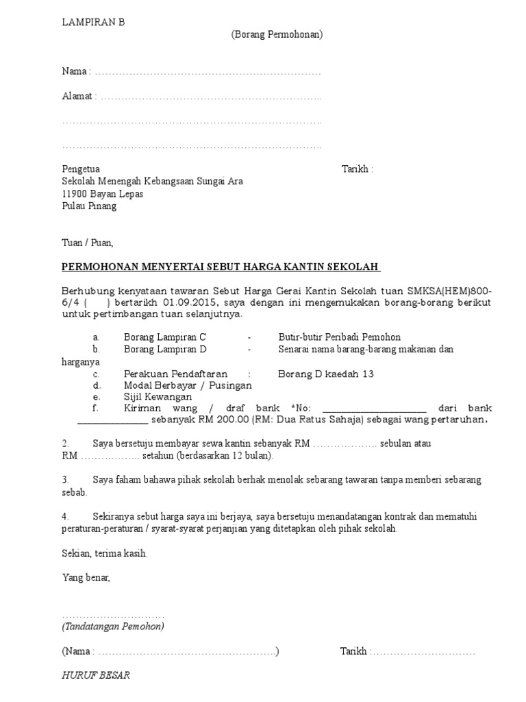 Borang Permohonan Sebut Harga Kantin Pdf