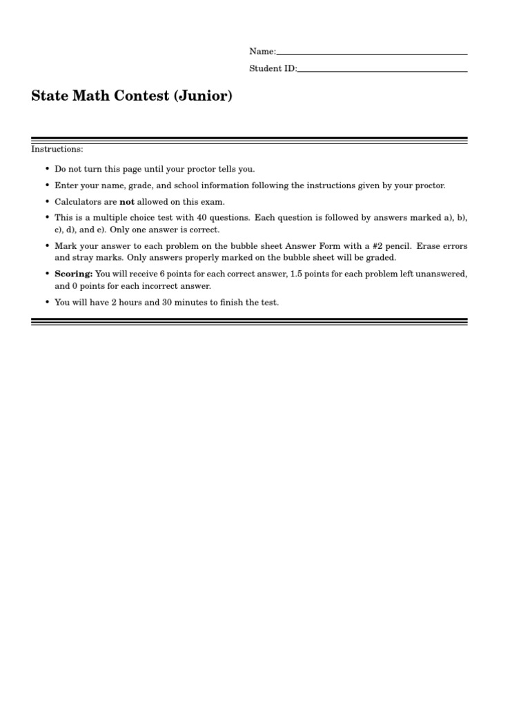 Junior Math Contest Instructions | PDF | Area | Elementary Mathematics