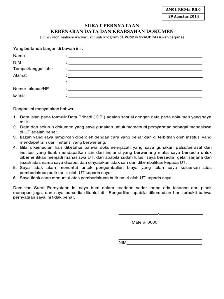 Surat Pernyataan Mahasiswa Baru Bukan Masukan Sarjana 1